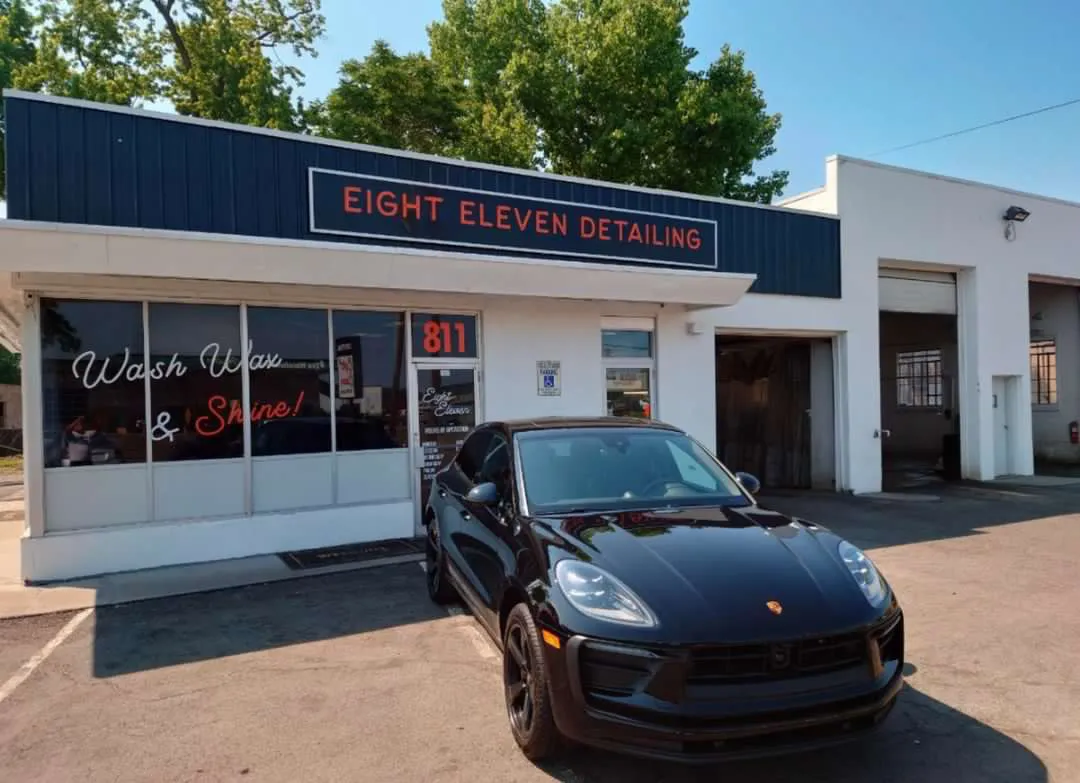 A Porsche Macan outside our shop after a Full Detail — hand wash, machine polish, and paint sealant, done right in West Springfield.
