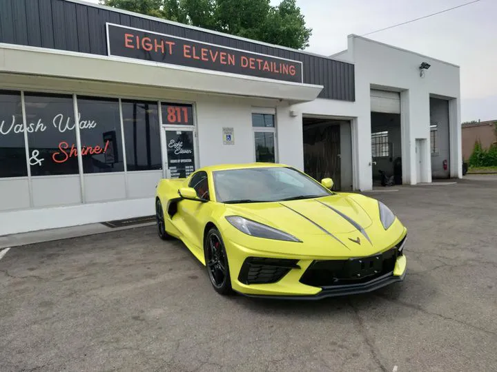 A Chevrolet Corvette outside our bay after a Full Detail — hand wash, machine polish, and paint sealant, finished off right in West Springfield.